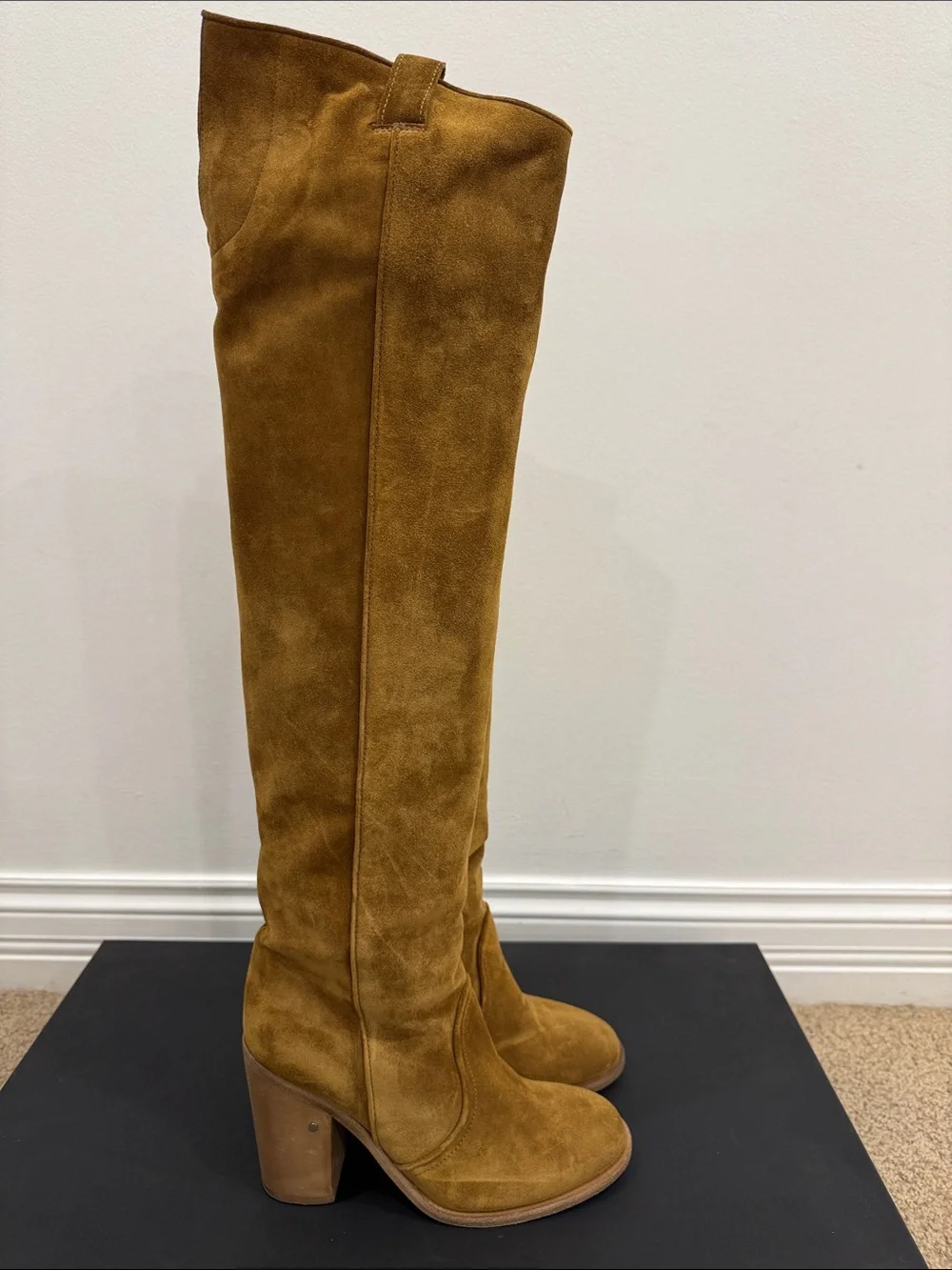 Laurence Dacade Camel Suede Over The Knee Boots EU 37 Stretch Back Basette style
